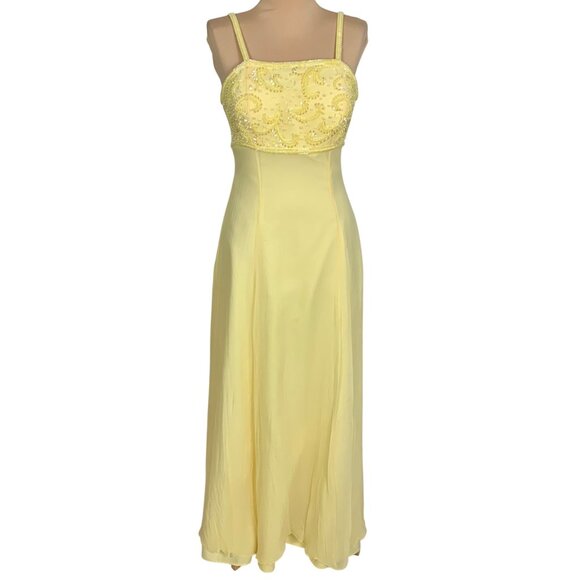 VTG 80s Slip Dress Butter Yellow Sequin Beaded Silk Gown 6 Regency Bridgerton - Picture 2 of 13